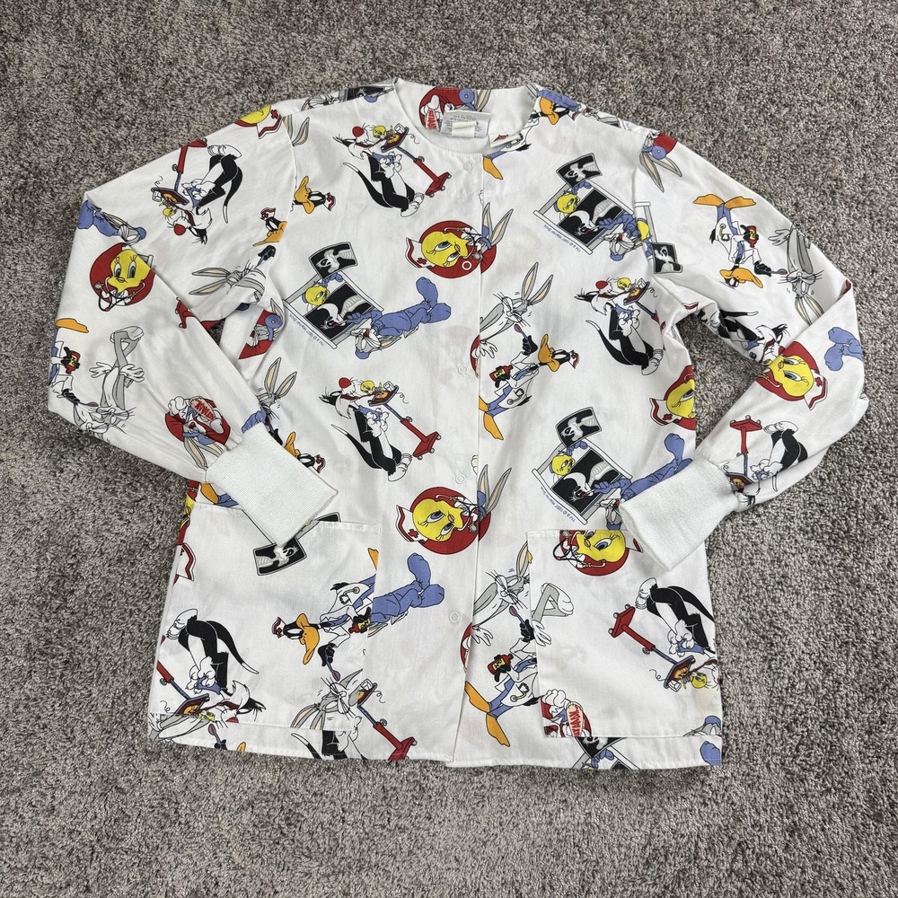 VTG Looney Tunes‎ Bugs Bunny Cartoon Scrub Top Womens Small 90s Medical Nurse